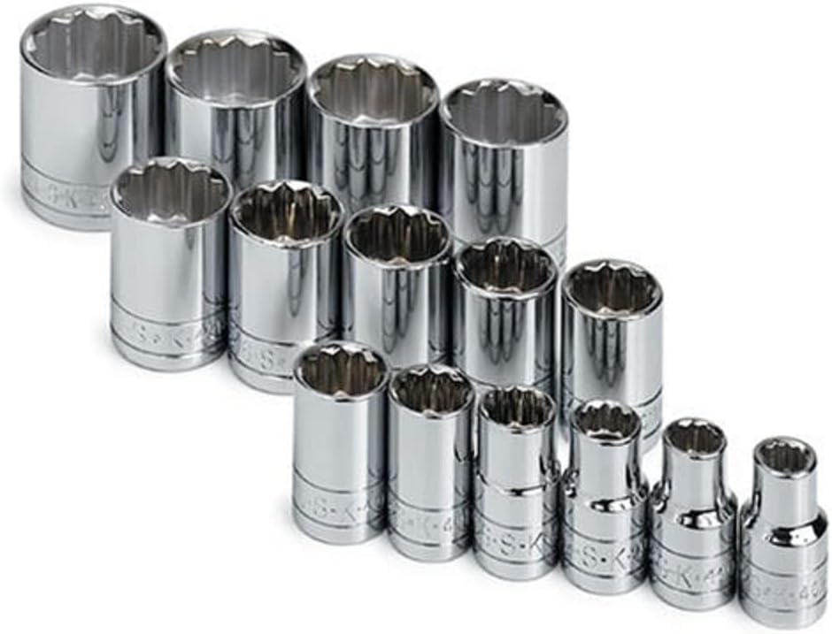 SK Professional Tools 4122 15-Piece ½ in. Drive 12-Point Standard Fractional Socket Set - Chrome Socket Set with Super Chrome Finish | Set of 15 Sockets Made in USA