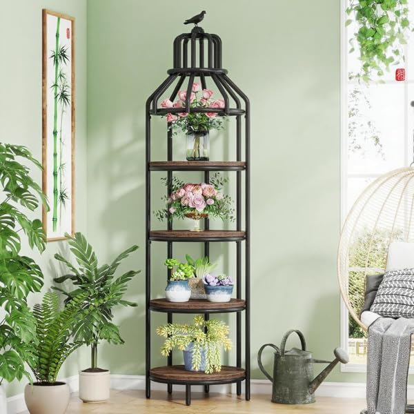 Birdcage Corner Bookshelf with 4-Tier Round Shelves – Narrow Storage Cabinet & Small Bookcase for Living Room, Bedroom, Office – Space-Saving Display Shelf with Metal Frame & Wood Finish