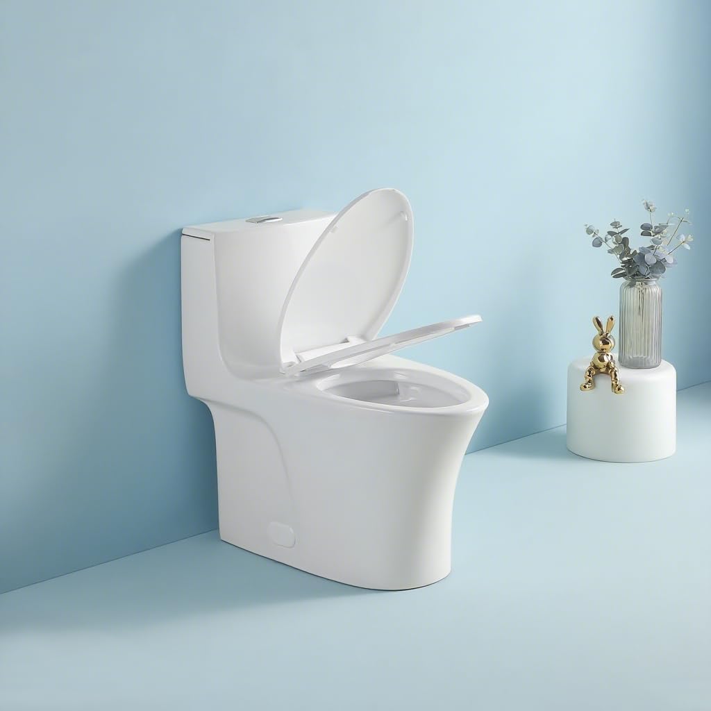 Dual Flush One Toilet, Water Saving Elongated Comfort Height Floor Mounted, Soft Closing Seat, 1000 Gram Map Flushing SToilet, Glossy White GF 24T02 GW