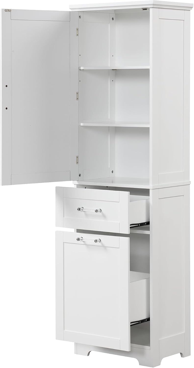 Bathroom Storage Cabinet with Adjustable Shelf, 68.4 in Tall | MDF, painted finish, adjustable shelf, enclosed storage, acrylic handles, anti-tip kit, bathroom, 20 W x 13.5 D x 68.4 H in