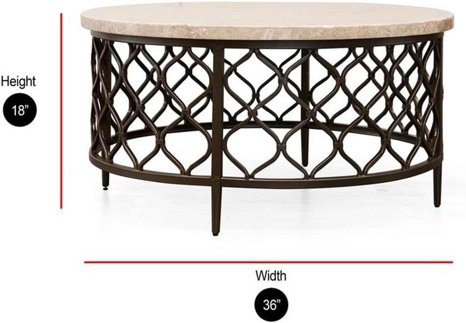 BOWERY HILL Round Coffee Table, 36 in White Stone Top with Bronze Powder Coated Metal Base, Metal Fretwork Design, Modern Style Living Room Table
