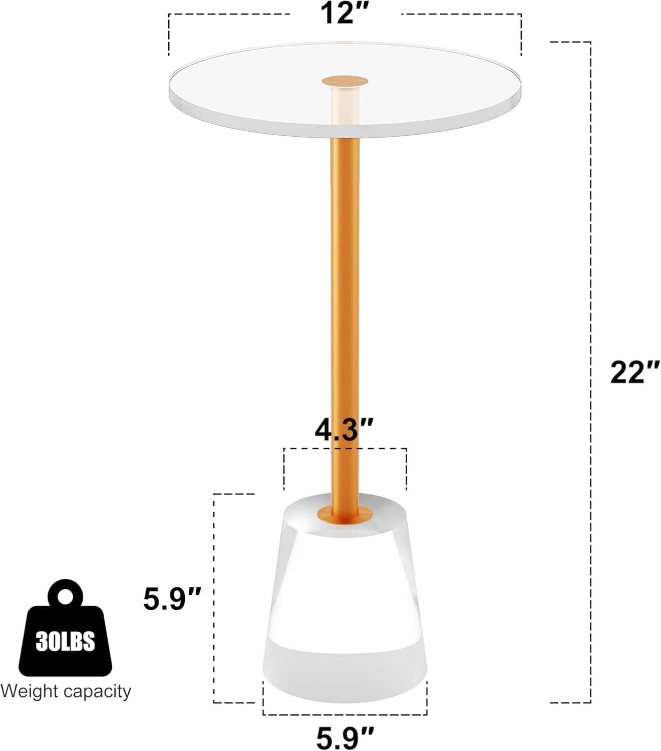 Acrylic End Table Set of 2, Acrylic Drink Table with Brushed Brass Metal, Clear Nightstand with Metal Support Base for Office Living Room, Bedroom, Easy Assembly, 12' D * 12' W * 22' H