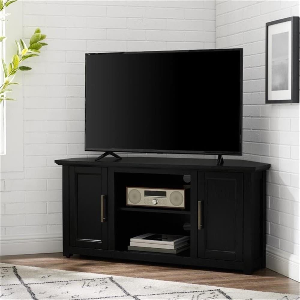 Pemberly Row Contemporary 48' Rustic Wood Corner TV Stand, Black Finish, Fits TVs Up to 50', Adjustable Shelves, Open Center Storage, Cable Management, Modern Farmhouse Style for Living Room Use