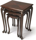 BOWERY HILL Traditional Wood Nesting Tables, Set of 3, Cherry Dark Brown Finish, Hardwood and Veneer Construction, Scalloped Apron, Curved Legs, Distressed Style for Living Room or Home Use