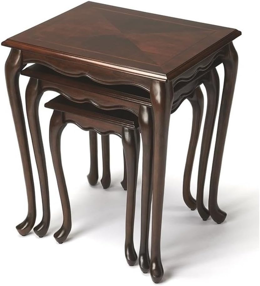 BOWERY HILL Traditional Wood Nesting Tables, Set of 3, Cherry Dark Brown Finish, Hardwood and Veneer Construction, Scalloped Apron, Curved Legs, Distressed Style for Living Room or Home Use