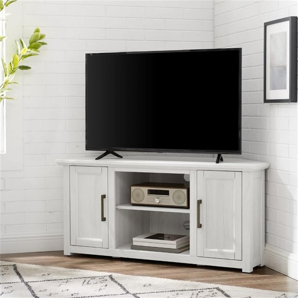 Pemberly Row Modern Rustic Wood Corner TV Stand, 48 in, Whitewash Finish, Fits TVs Up to 50 in, Adjustable Shelving, Cable Management, Antique Brass Hardware, MDF Construction, Living Room