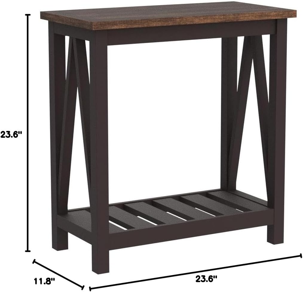 ChooChoo Farmhouse End Table, Rustic Vintage Narrow End Side Table with Storage Shelf for Small Spaces, Nightstand Sofa Table for Living Room, Bedroom Espresso 2 Pack