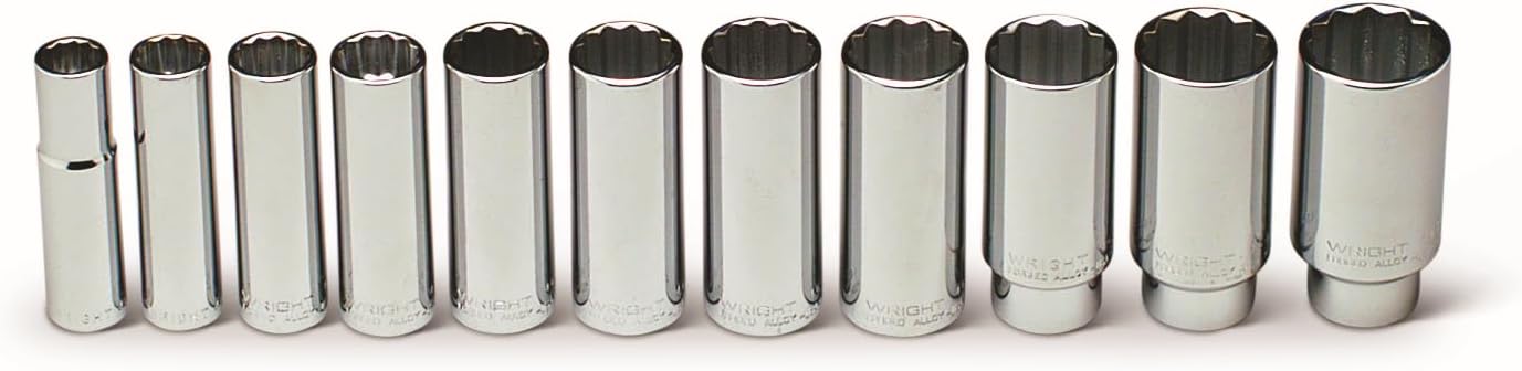 Wright Tool 402 1/2 Inch Drive 11 Piece 12 Point Deep Socket Set 1/2 to 1-1/8 Inch Wright Drive 2.0 USA Made Forged Steel Precision Heat-Treated
