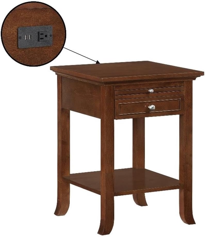 Convenience Concepts American Heritage Logan End Table with USB Ports & AC Outlet 18' - Square Living Room Side Table with Storage Drawer & Pull-Out Shelf, Bedroom Nightstand with Charging, Espresso