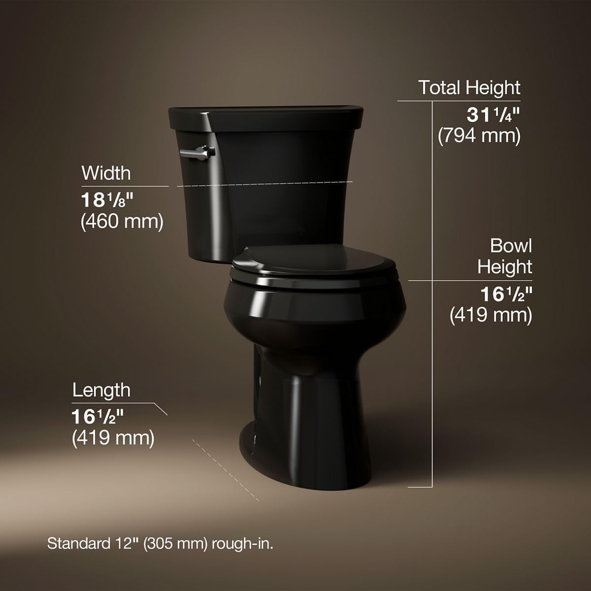 Kohler K-5481-7 Highline Comfort Height Two-Piece Round-Front 1.28 gpf Toilet with Class Five Flush Technology and Left-Hand Trip Lever Black