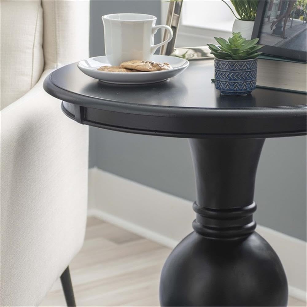 MAKLAINE Round Wood Accent Table, 26.5' High, Jet Black Finish, Stepped Base and Turned Pedestal, Compact Design for Living Room, Bathroom, or Entertaining Use, Supports Up to 50 lbs
