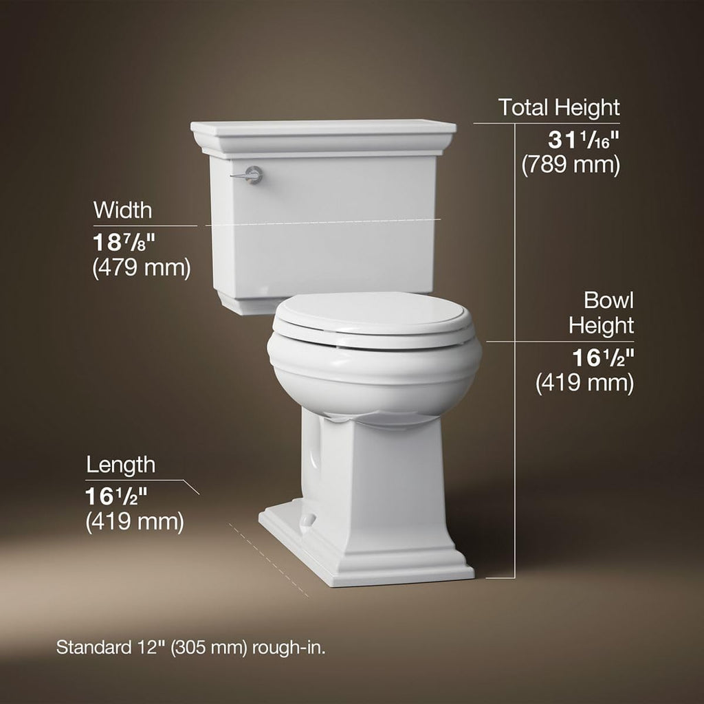 KOHLER K-3817-U-0 Memoirs Stately Comfort Height Two-Piece Elongated 1.28 Gpf Toilet with Aquapiston Flush Technology, Insuliner Tank Liner and Left-Hand Trip Lever, White