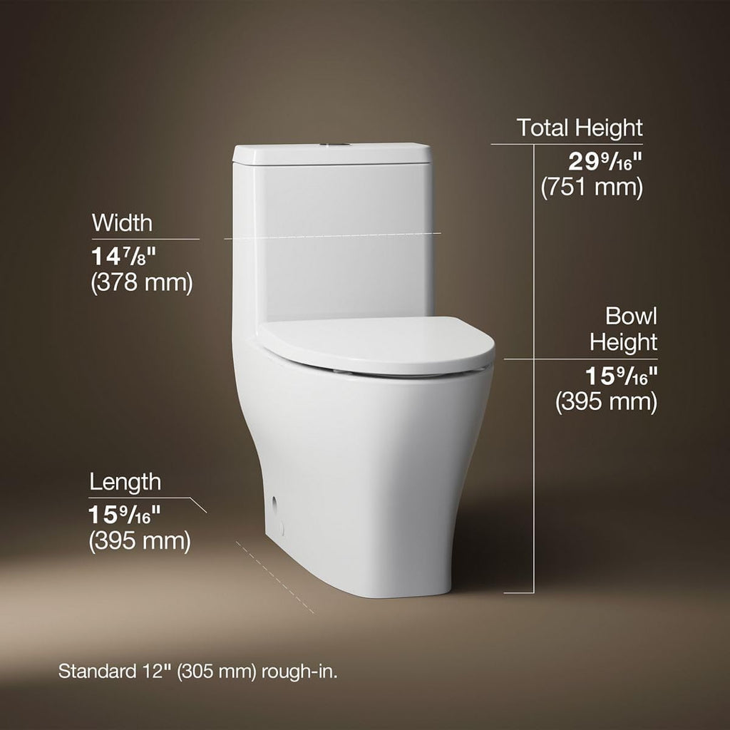 KOHLER 23188-0 One-Piece Compact Elongated Toilet with Skirted Trapway, Top-Mount Dual Flush Actuator 0.8 or 1.28 GPF, White
