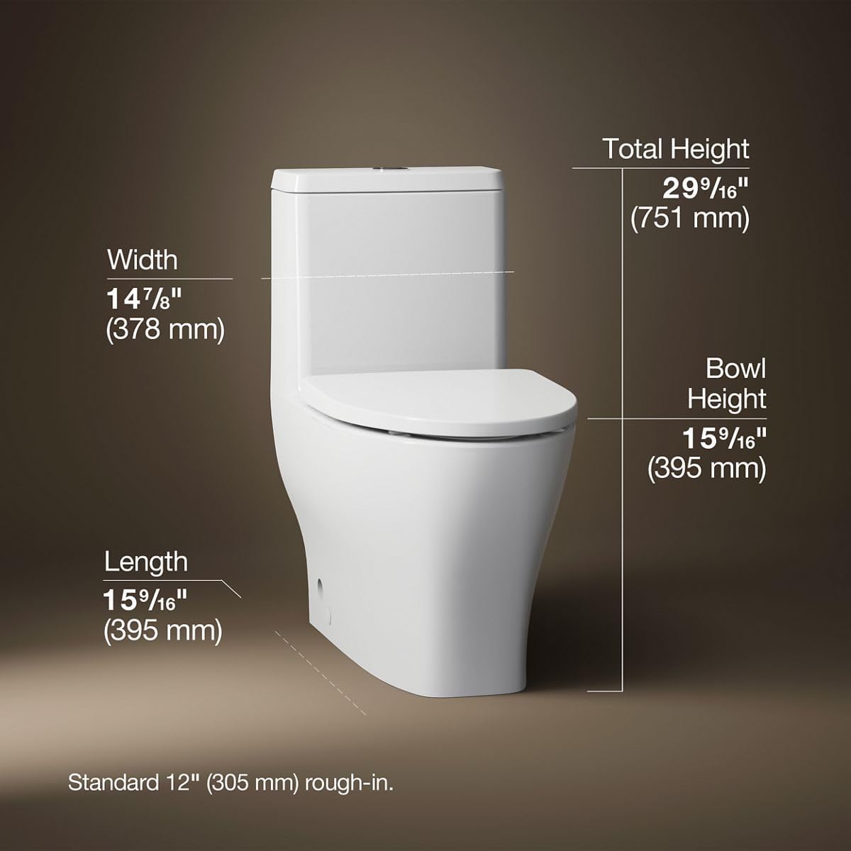 KOHLER 23188-0 One-Piece Compact Elongated Toilet with Skirted Trapway, Top-Mount Dual Flush Actuator 0.8 or 1.28 GPF, White