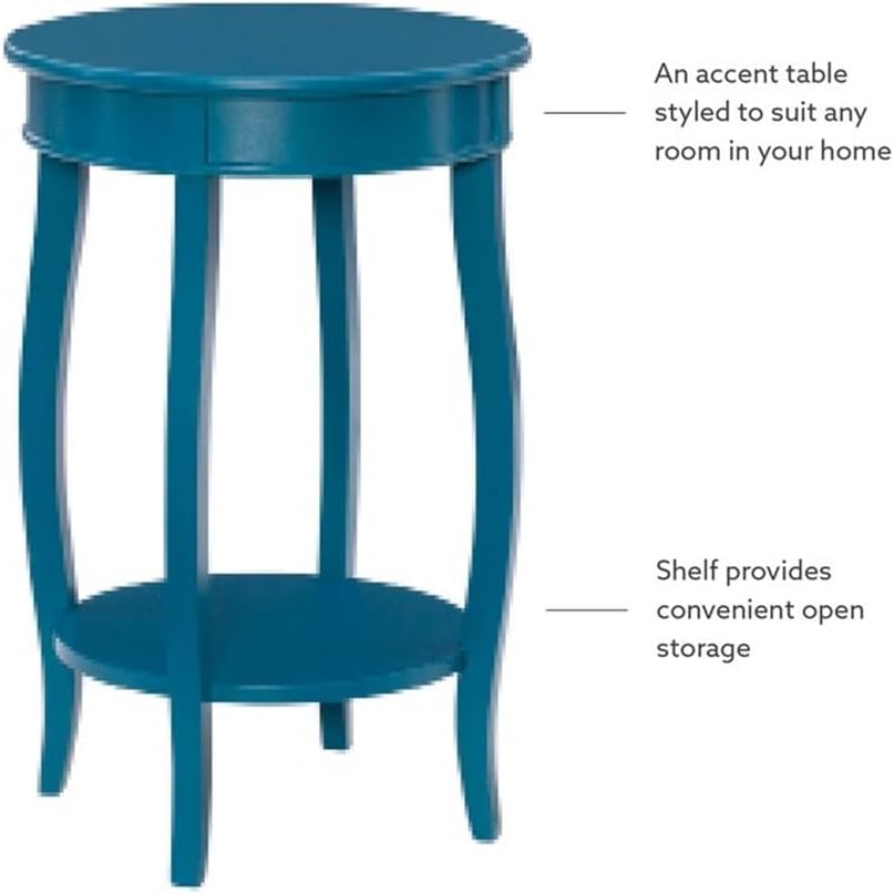 Pemberly Row Round Wood End Table with Shelf, Teal Blue Painted Finish, 24 in Height, MDF and Solid Wood, Cabriole Tapered Legs, Contemporary Accent Table for Living Room, Bedroom or Indoor Use