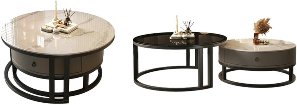 LITFAD 2-Piece Nesting Coffee Tables Steel Frame Round Slate Top Living Room Table Modern Cocktail Table with Storage Drawer for Living Room, Office, Cafe - 27.5' L + 19.5' L Black/Grey - Clear/White