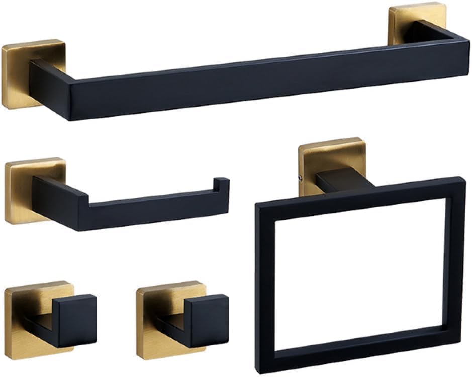 Black Gold Bathroom Hardware Set Wall Mount Stainless Steel Towel Bar Towel Ring Paper Holder Robe Hook Bathroom Accessories Set,BG,5pcs Set