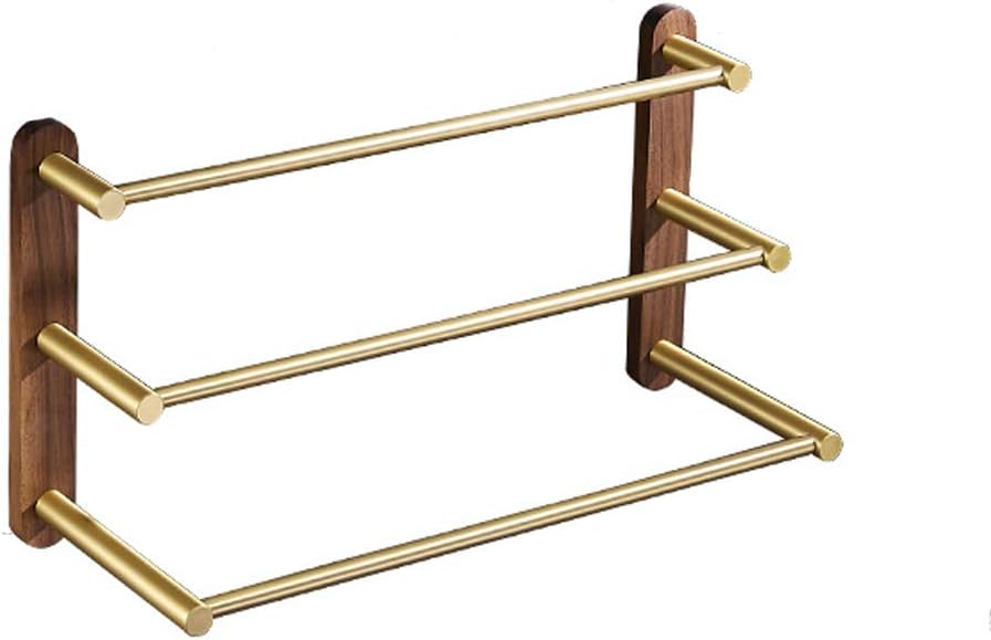 Tower Rack with 3 Bars, Towel Bar Black Walnut and Aluminum Rails Heavy Duty Holder Wall Mounted Storage for Bathroom, Kitchen, Hotel, Brushed Gold,48cm