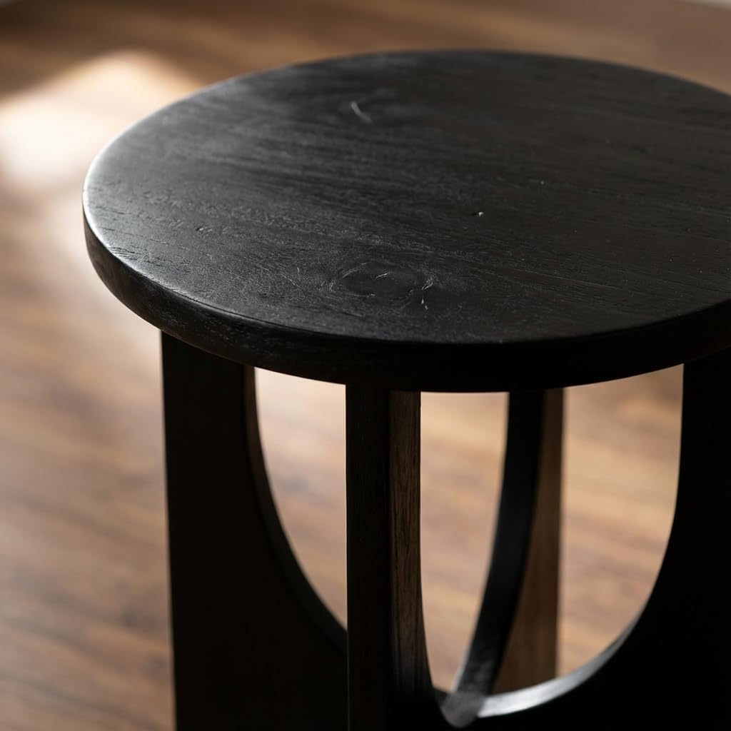 Stupa Solid Wood End Table – 22' Tall Round Side Table for Living Room or Bedroom, Handcrafted Accent Table in Distressed Black Finish, Easy Assembly, Modern Minimalist Design for Small Spaces