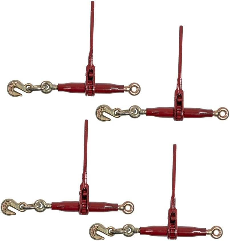 Mytee Products 4 Pack 5/16'-3/8' Heavy Duty Ratchet Lever Load Binder w/Grab Hooks and Eye 7100 Lbs Working Load Limit - Red | Tie Down Hauling Chain Binders for Flatbed Truck Trailer