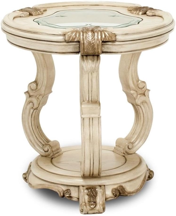 Pemberly Row Modern Chairside End Table, Ivory Finish, 25.5' H x 28' W x 26' D, Solid Poplar Wood Frame with Beveled Glass Inlay, Antique Carved Design, Bottom Shelf, Living Room Accent Table