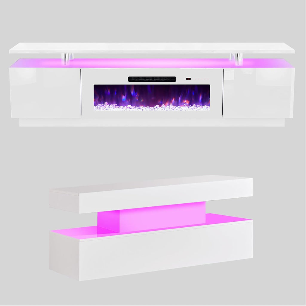 AMERLIFE 3 Piece Modern Living Room Table Set, Includes 80' High Gloss Fireplace TV Stand, 2-Tier Coffee Table, LED Lights Entertainment Center Set for Living Room, White