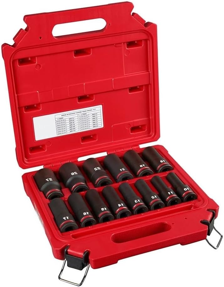 14pc 49-66-7014 Impact Socket Set for Milwaukee 1/2' Drive Metric Deep 6-Pt Socket Set - Black/Red