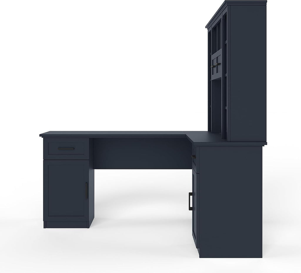 L Shaped Desk With Hutch, Corner Computer Desk With Storage Shelf & Cabinet, Laptop Pc Table Gaming Desk Workstation, Modern Executive Study Writing Desk For Home Office, Bedroom (Antique Blue)
