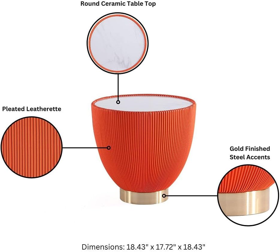 Manhattan Comfort Modern Anderson Coffee Table and End Table 2.0 Upholstered in Orange Leatherette with Ceramic Faux Tabletop - Set of 2