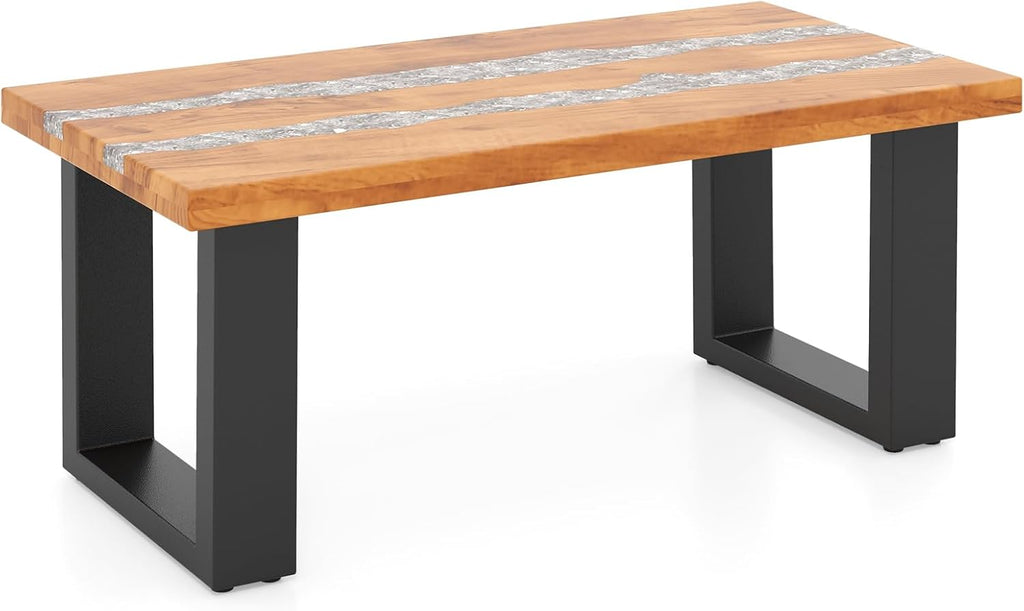 Giantex Teak Outdoor Coffee Table, Rectangular Resin Side Table with River Feel Epoxy Tabletop, Indoor Outdoor Solid Wood Center Table, Patio Table for Living Room, Poolside, Backyard