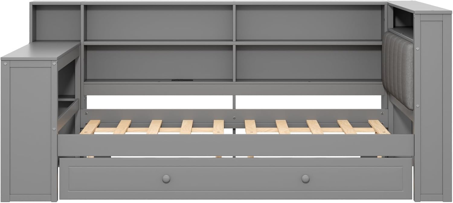 Bellemave Full Corner Bed with Bookcase Storage and LED Lights, Wooden Platform Bed Frame with Desk and Twin Trundle, Full Daybed with Upholstered Headboard and Charging Station, Grey