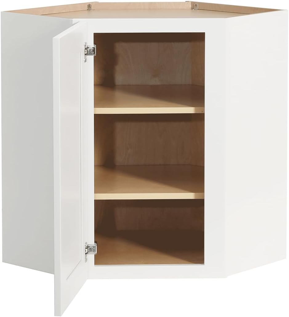 Shaker Style Diagonal Corner Wall Cabinet by Solid Wood with Shelves,Free-Standing Corner Storage Cabinet for Kitchen and Living Room(24' W×12' D×36' H)