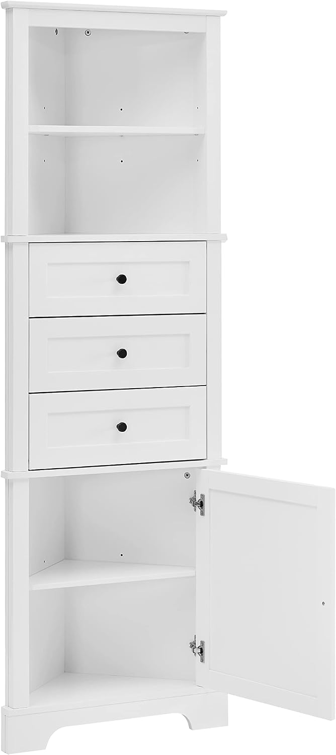 Corner Storage Cabinet with Adjustable Shelves, 68.9 in Tall | MDF, painted finish, adjustable shelves, corner fit, enclosed storage, bathroom, kitchen, 23 W x 13.4 D x 68.9 H in