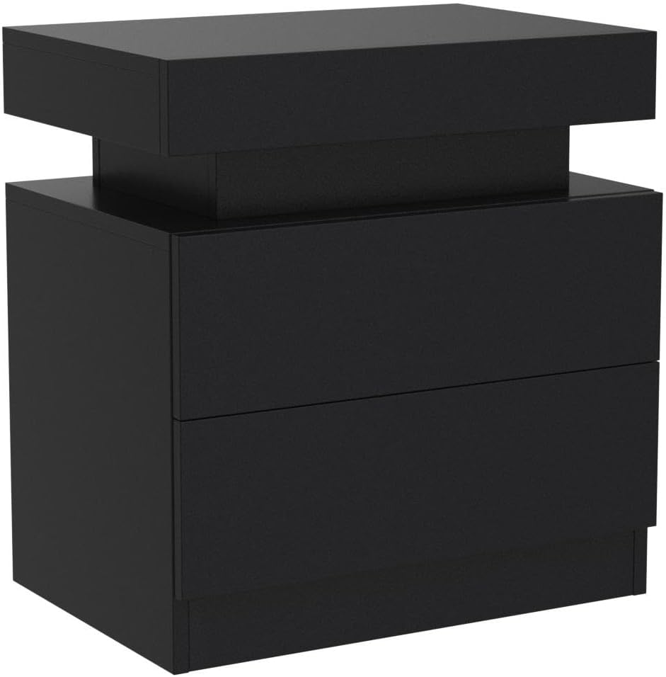 i-aplus Black Nightstand Set of 2 LED Bedroom Nightstands Set of 2 Modern Night Stands Set 2 Bedside Table with 2 Drawers for Bedroom
