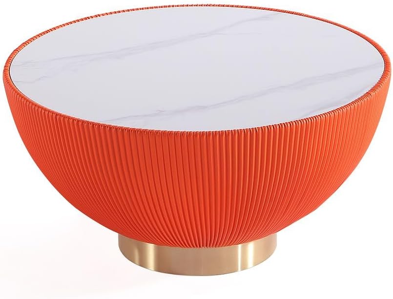 Manhattan Comfort Modern Anderson Coffee Table and End Table 2.0 Upholstered in Orange Leatherette with Ceramic Faux Tabletop - Set of 2