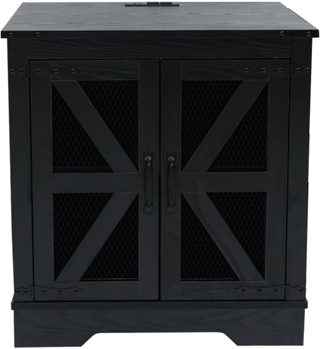 Farmhouse End Table Set with Charging Station, Black Living Room Tables with Hidden Storage, Rustic Wood Furniture for Home and Office