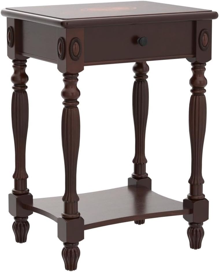 Solid Wood Side Table with Drawer and Storage Shelf, Traditional End Table, Narrow Telephone Nightstand, Carvings Elegant Vintage, for Living Room, Bedroom, Office Cherry Walnut GBJ1533WD