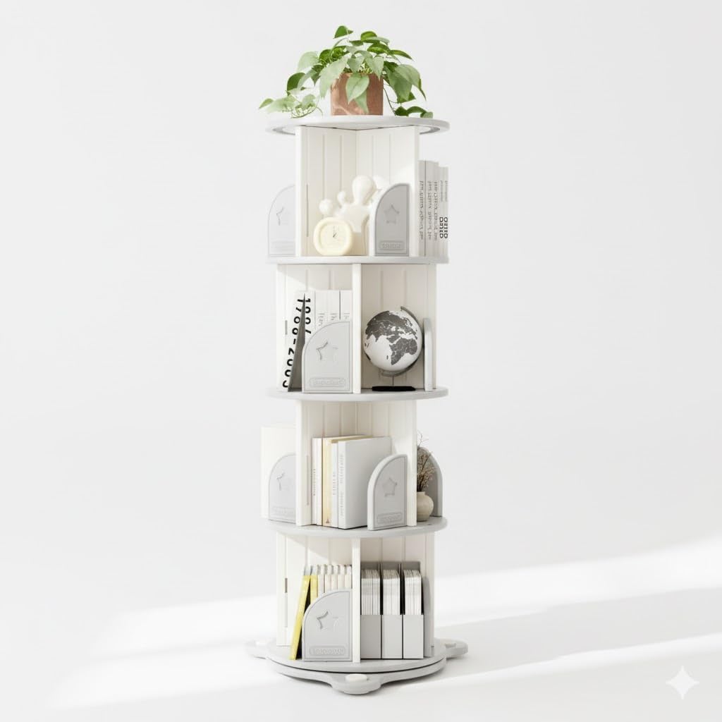 4 Tier Rotating Bookshelf, 360°Spinning Bookshelf Tower Book Display Stand, Corner Bookcase Organizer for Classroom/Bedroom/Living Room/Reading Nook (White-4Tier)