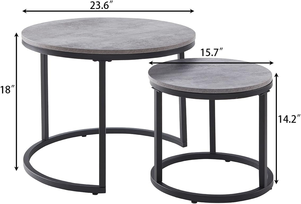 CENSI Round Nesting Coffee Table Set of 2, 24' Industrial Grey Faux Concrete Top, Modern Stacking Side End Tables with Black Metal Frame for Living Room, Small Spaces, Sturdy & Easy Assembly