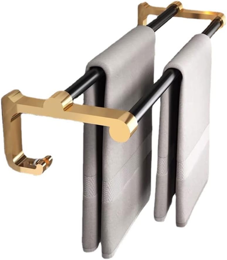 Towel Bar Towel Rack for Bathroom Double Towel Bar Black and Gold Aluminum Wall Mounted Towel Rack Shower Towel Holder Hanging Rack Bathroom Accessories Towel Shelf Towel