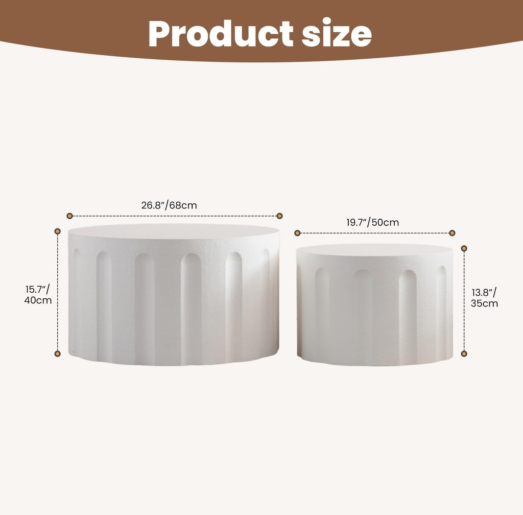 Fluted Round Nesting Coffee Table Set of 2, Modern Unique Circle Coffee Table, Drum Side Tea Table, Space-Saving for Living Room, Bedroom, Balcony, Office, No Assembly (26.77'+19.69' White B)