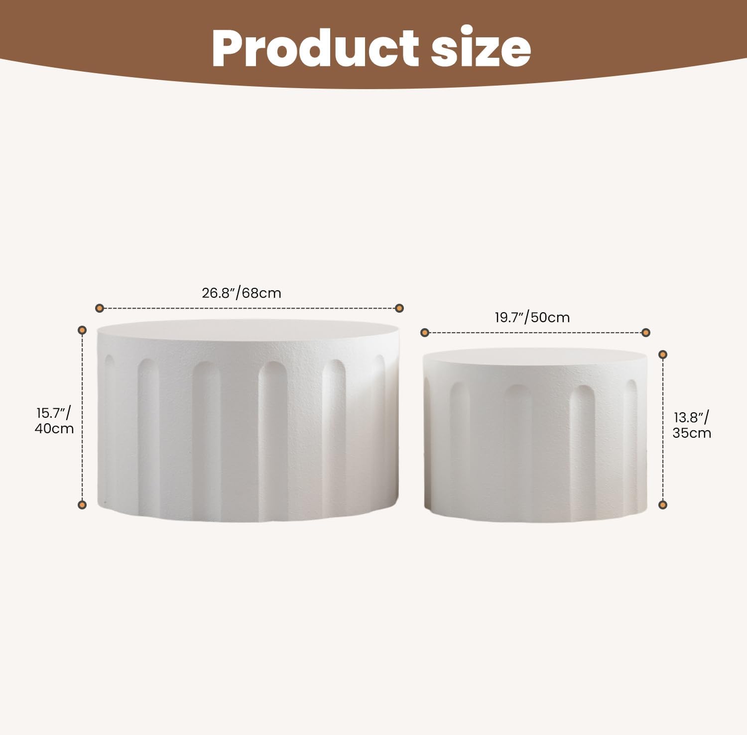 Fluted Round Nesting Coffee Table Set of 2, Modern Unique Circle Coffee Table, Drum Side Tea Table, Space-Saving for Living Room, Bedroom, Balcony, Office, No Assembly (26.77'+19.69' White B)