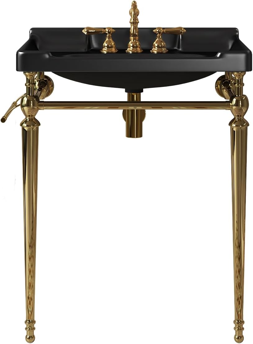 28' Bathroom Console Sink, Wall Mounted Black Ceramic Vanity Basin with 3 Pre drilled Faucet Holes, Freestanding Stainless Steel Support Legs with Towel Bar, No Faucet Sink Cover, Gold Color
