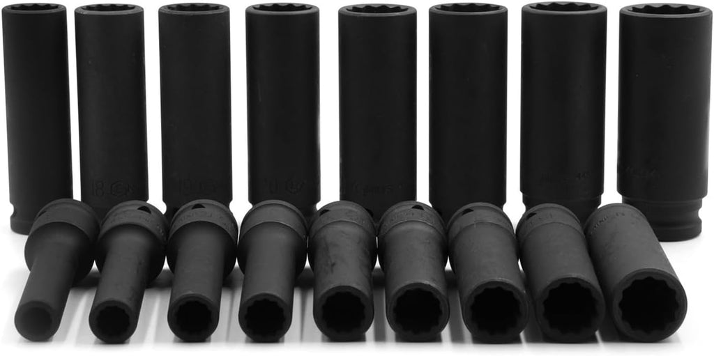 Genius Tools 17 Piece 1/2' Dr. Metric Deep Thin Wall Impact Socket Set (12-Point) DI-417MD