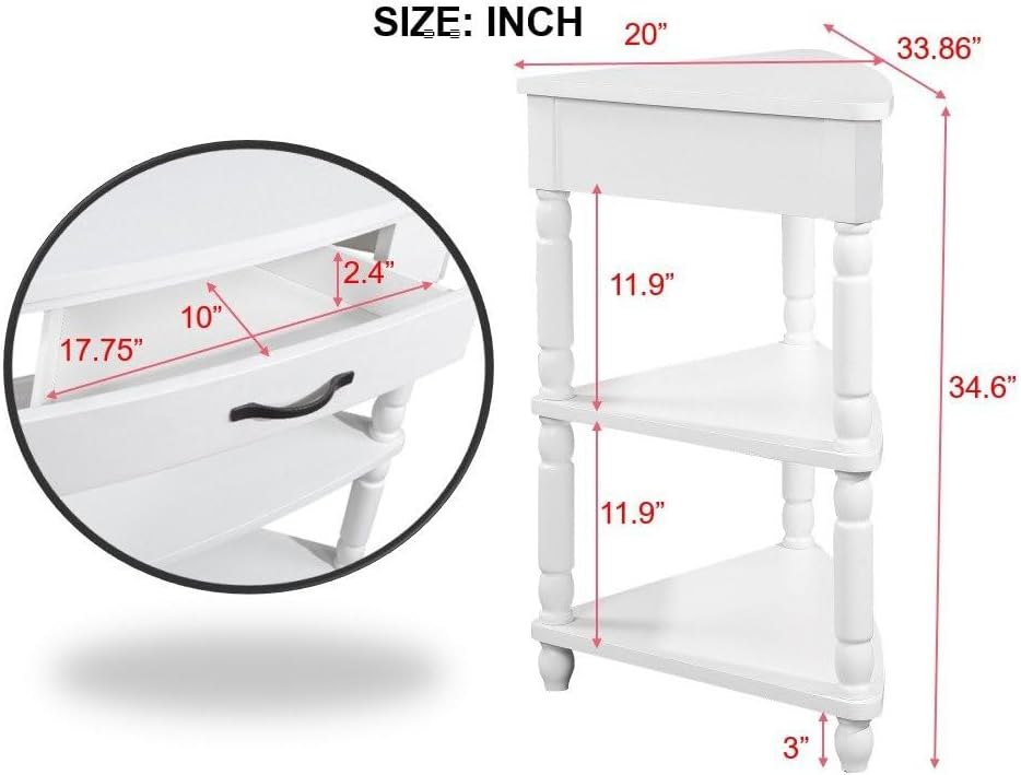 33.8'' Small Triangle Corner Table,3 Tier End Corner Table with Open Shelf and Solid Wood Legs,Wood Corner Side Table with 1 Storage Drawer for Bedroom,Living Room,Small Spaces (Milk White)