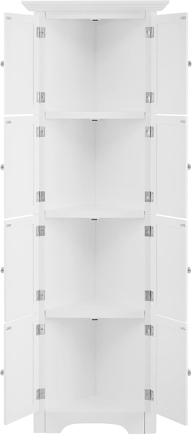 72' Tall Corner Storage Cabinet with Doors and 4 Shelves, Free Standing Corner Hutch Cabinet Kitchen Pantry Storage Cabinet Bookshelf Cabinet for Kitchen Living Room Bedroom (White)