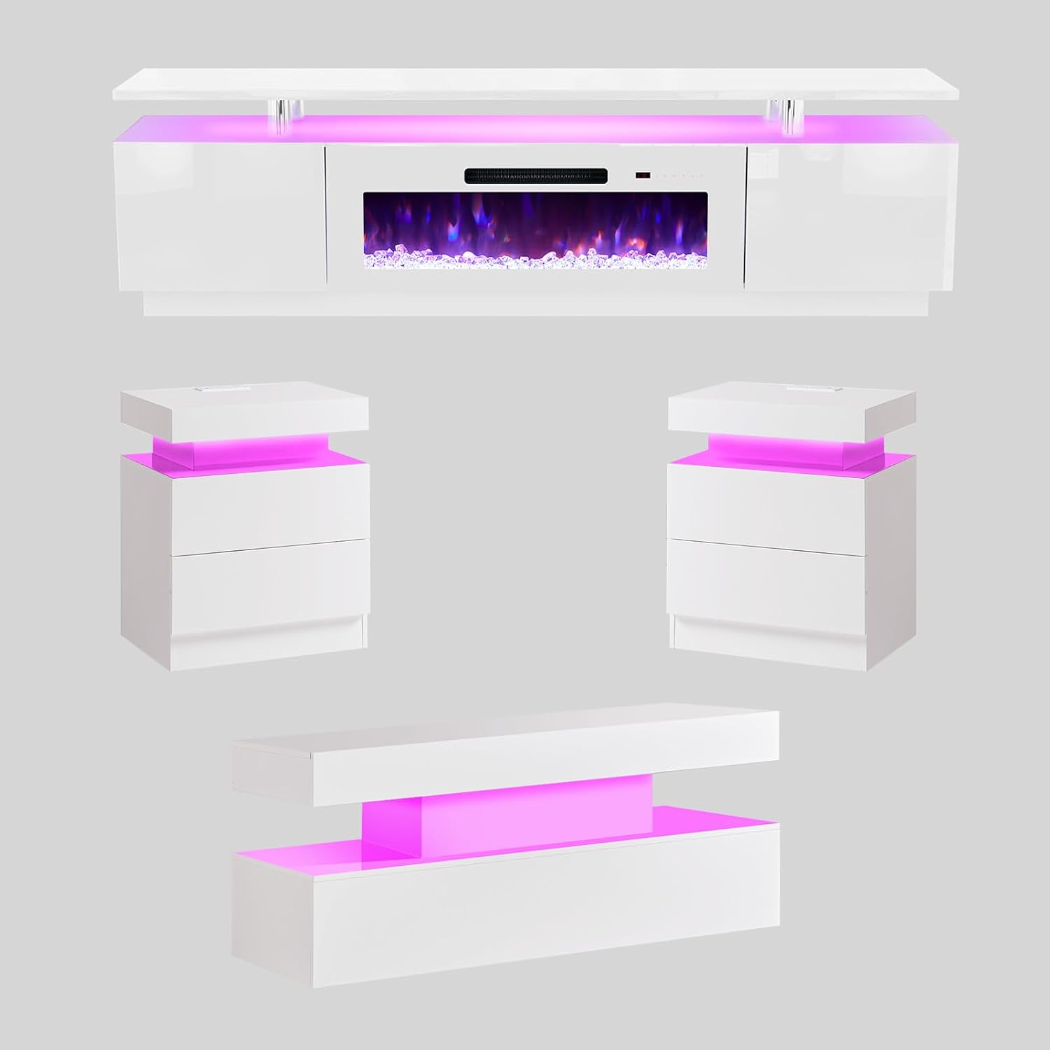 AMERLIFE 5 Piece Modern Living Room Table Set, Includes 80' Fireplace TV Stand, 2-Tier Coffee Table, 2 X Side Tables with Charging Station, LED Media Furniture, White