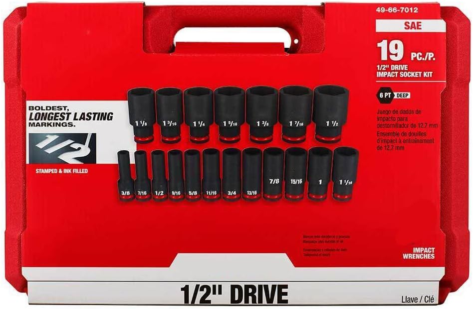Socket Set For Milwaukee 49-66-7012 1/2'' Impact Duty SAE Socket Set (Size:16.3 x 2.7 x 10.5 in) - 19 PC, Red,black