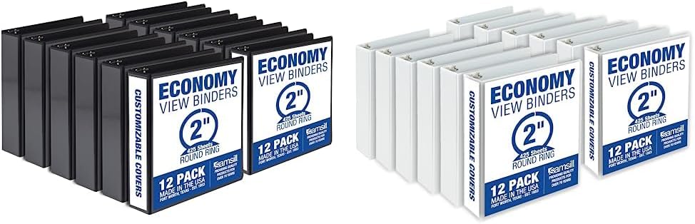 Samsill Economy 2 Inch 3 Ring Binder, Round Ring Binder, Black, 12 Pack (MP128560) & Economy 2 Inch 3 Ring Binder, Round Ring Binder, White, 12 Pack (MP128567)