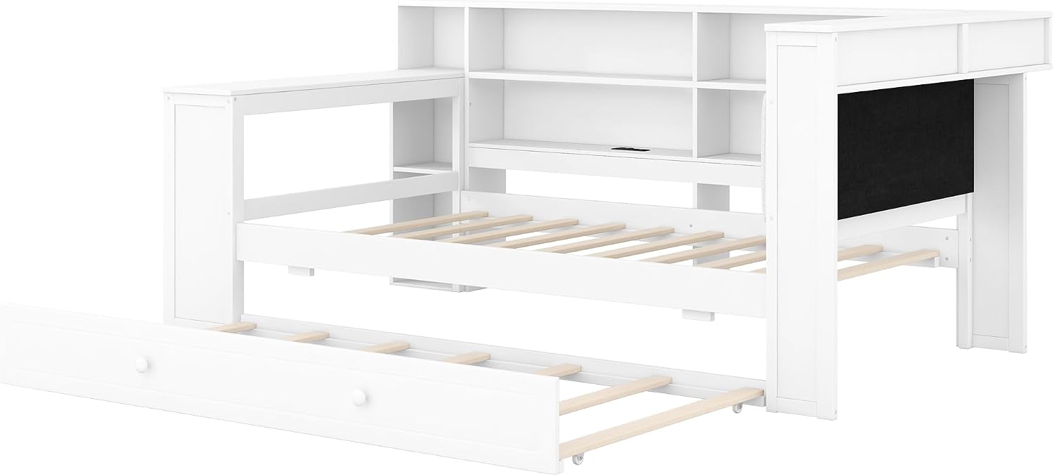 LUMISOL Twin Size Daybed Bed with Trundle, Storage Shelves, Desk & Charging Station, L-Shaped Corner Bed Frame with Upholstered Headboard for Living Room, Guest Room, White